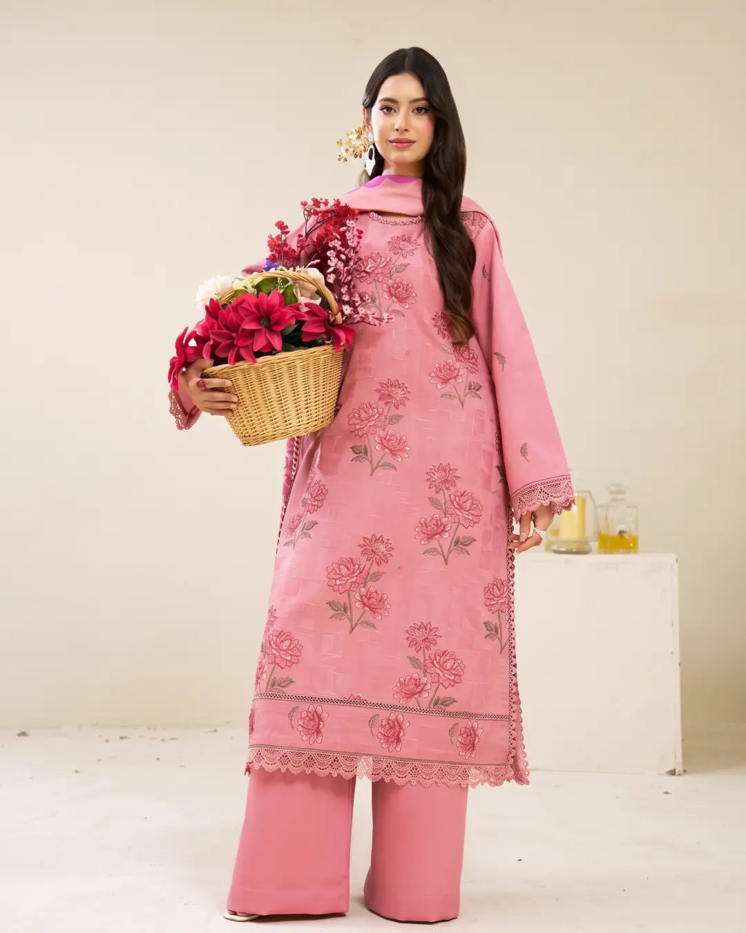 3 Piece - Gold Unstitched Baby Pink Embroidered Karandi Suit