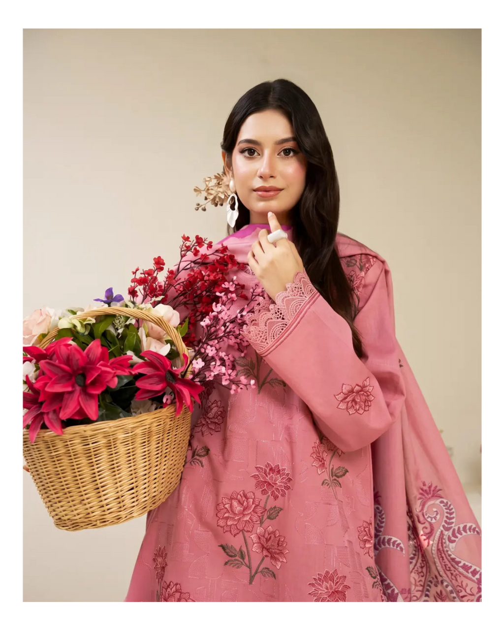 3 Piece - Gold Unstitched Baby Pink Embroidered Karandi Suit