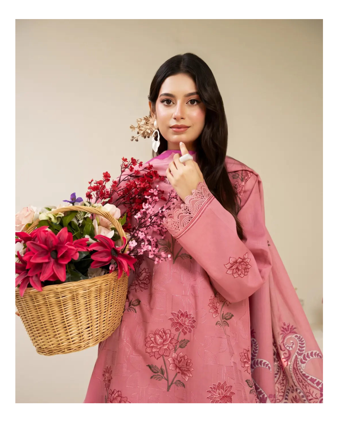 3 Piece - Gold Unstitched Baby Pink Embroidered Karandi Suit