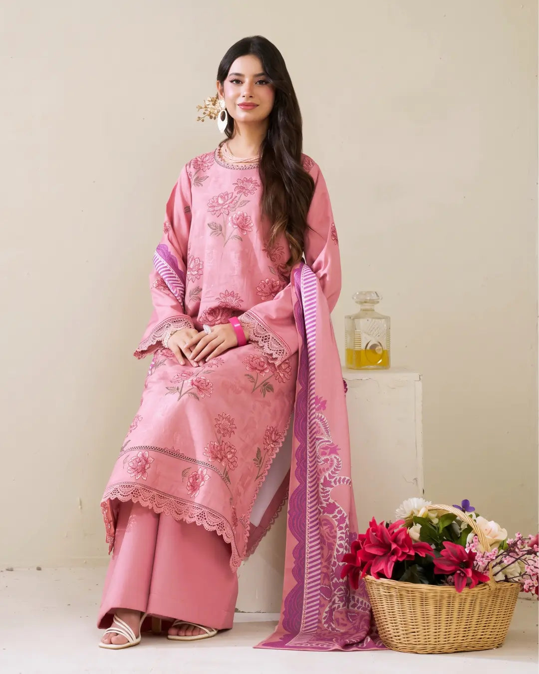 3 Piece - Gold Unstitched Baby Pink Embroidered Karandi Suit