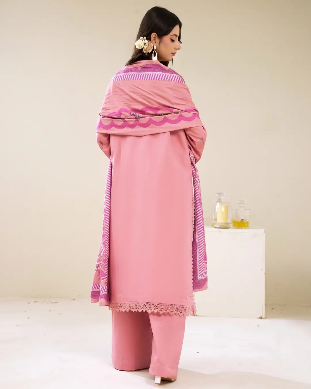 3 Piece - Gold Unstitched Baby Pink Embroidered Karandi Suit