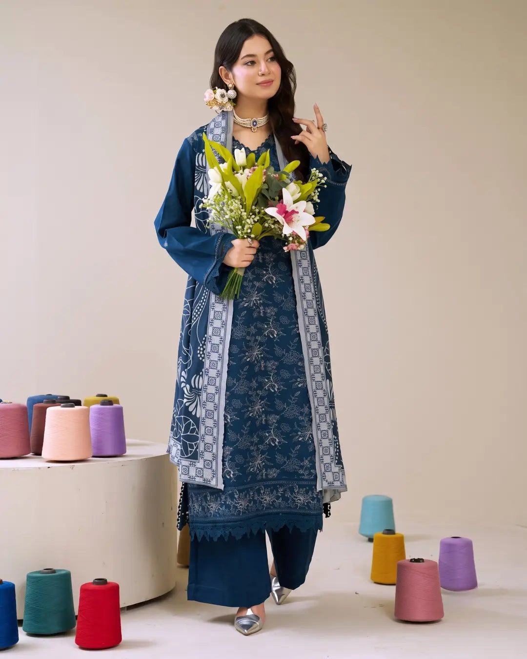 3 Piece - Gold Unstitched Blue Embroidered Karandi Suit