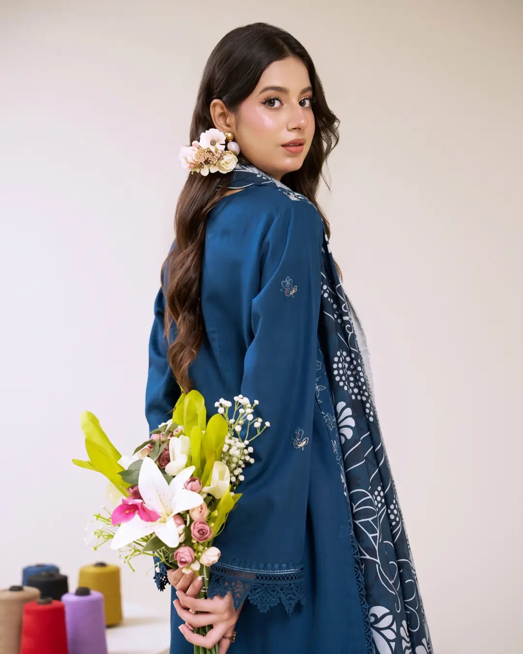 3 Piece - Gold Unstitched Blue Embroidered Karandi Suit