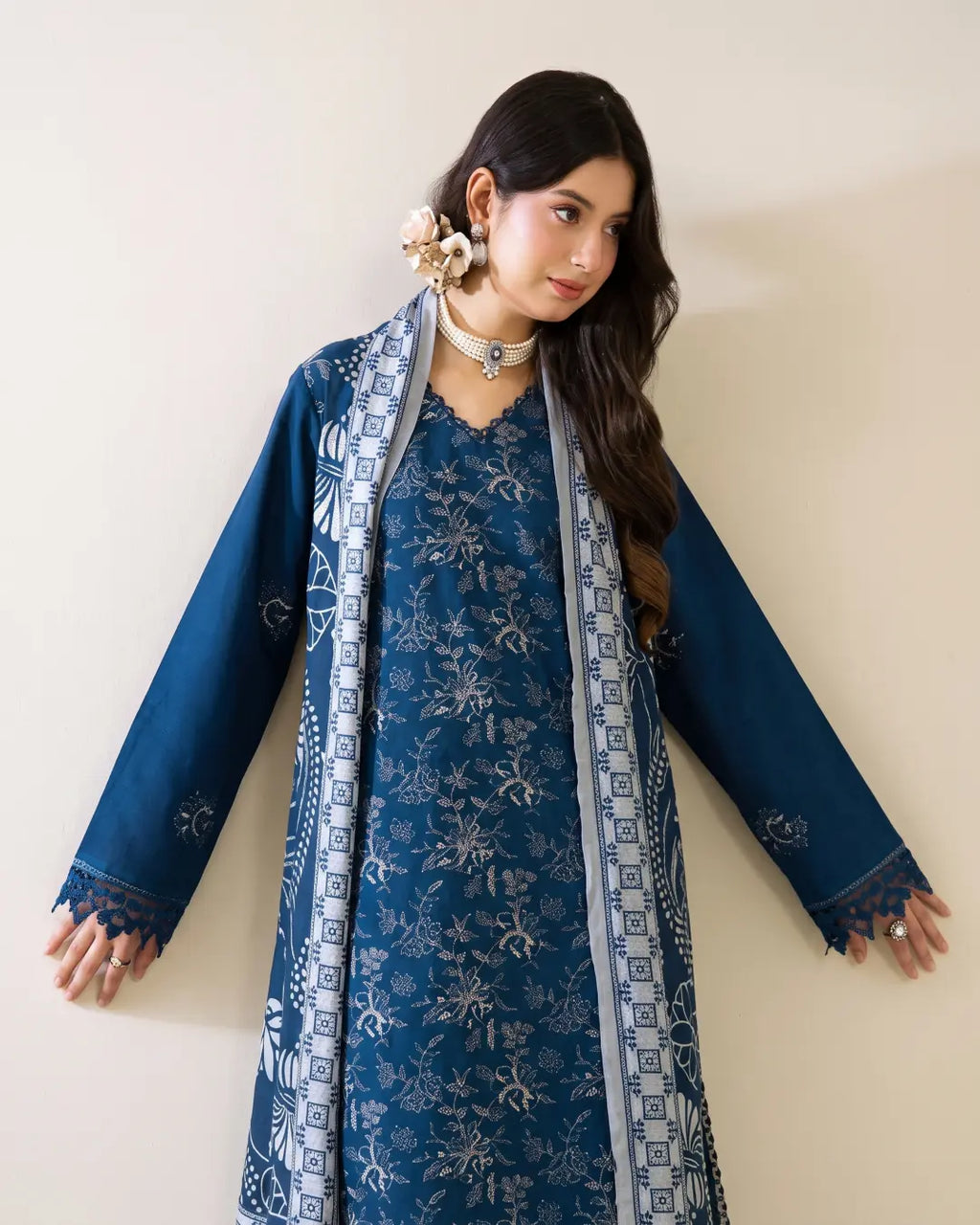 3 Piece - Gold Unstitched Blue Embroidered Karandi Suit