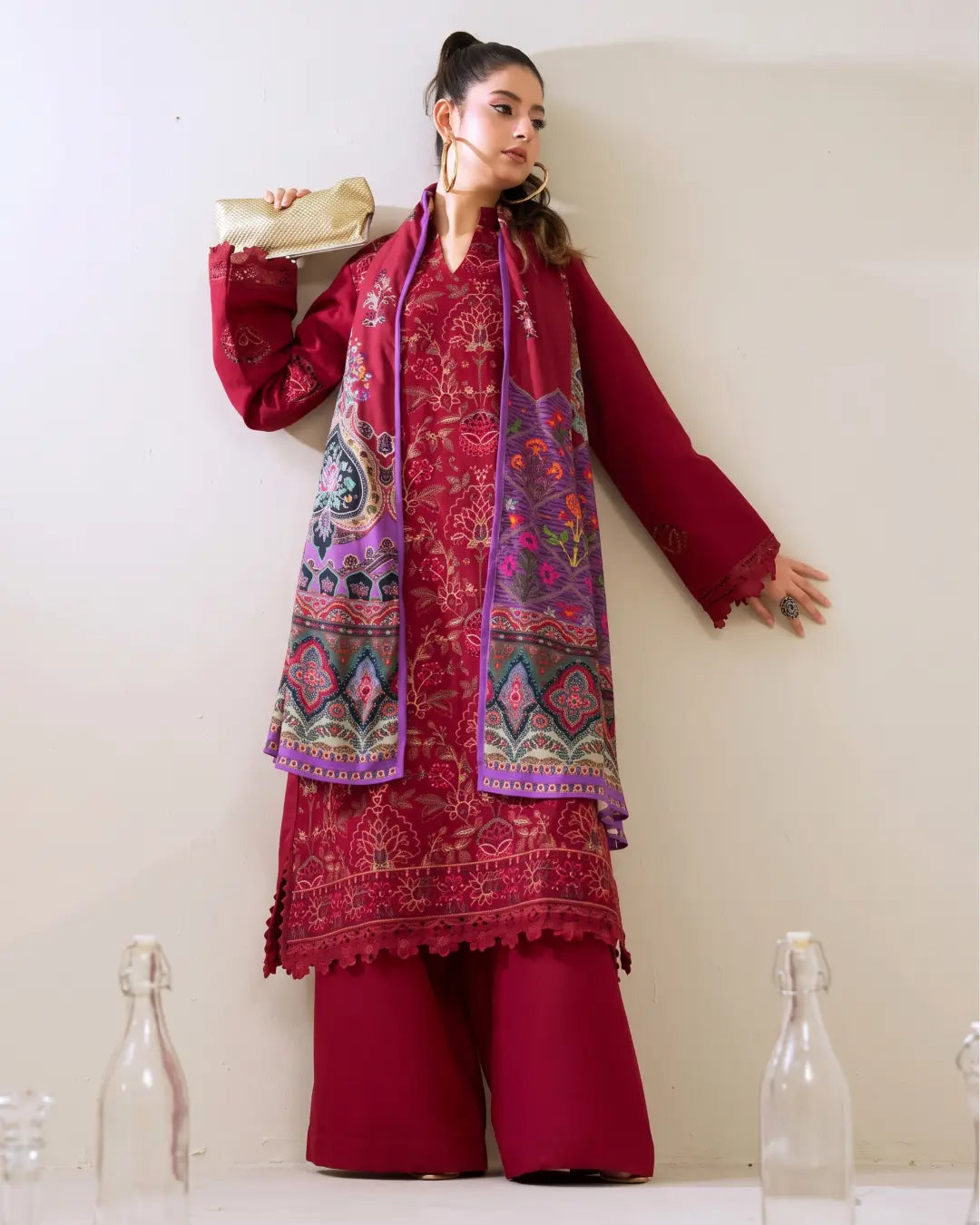 3 Piece - Gold Unstitched Red Embroidered Karandi Suit