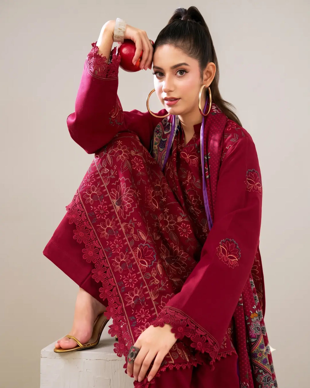 3 Piece - Gold Unstitched Red Embroidered Karandi Suit