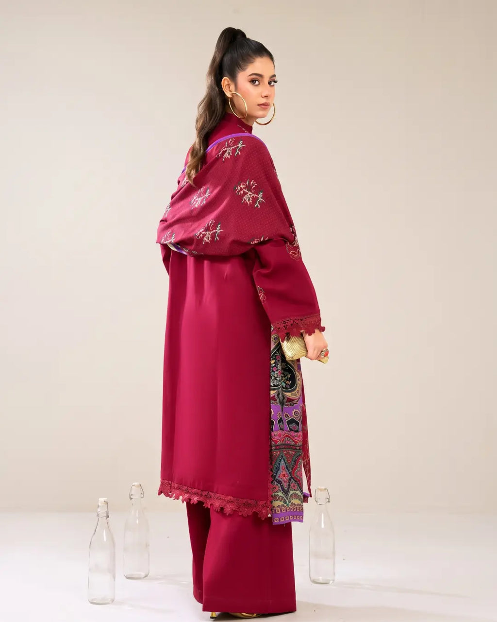 3 Piece - Gold Unstitched Red Embroidered Karandi Suit
