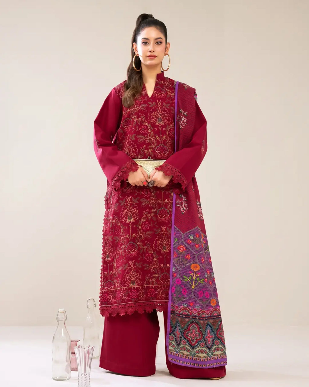 3 Piece - Gold Unstitched Red Embroidered Karandi Suit