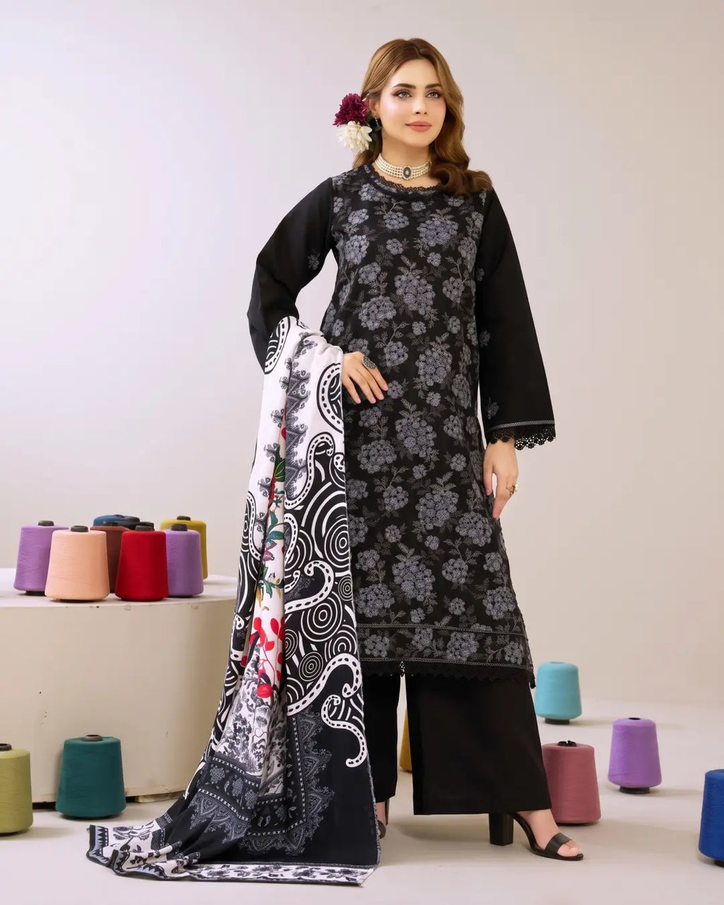 3 Piece - Gold Unstitched Black Embroidered Karandi Suit