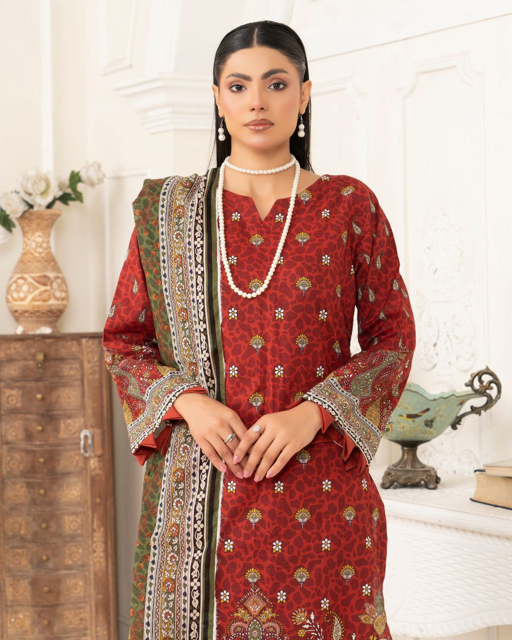 3 Piece - Junoon Unstitched Maroon Ladies Print Lawn Suit