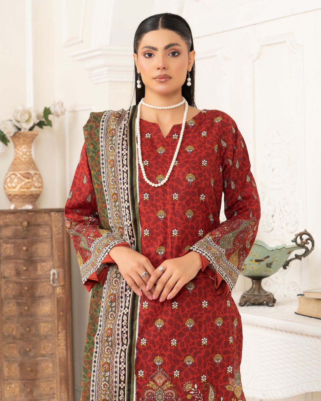 3 Piece - Junoon Unstitched Maroon Ladies Print Lawn Suit