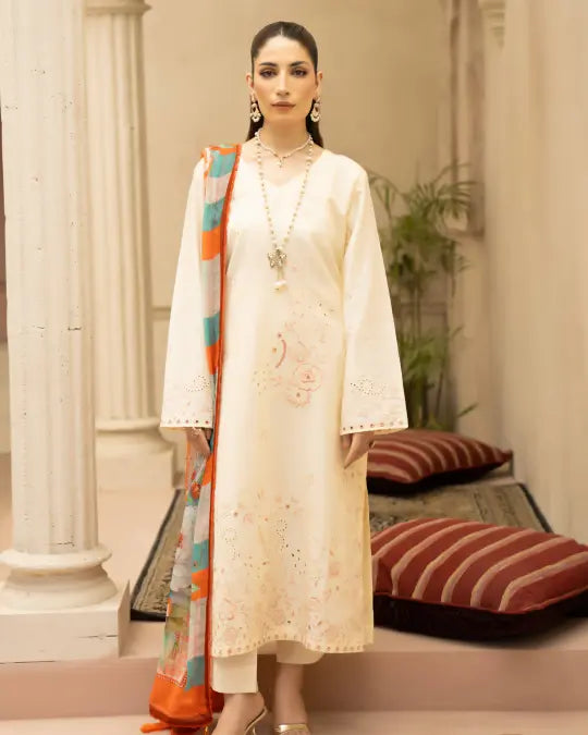 3 Piece - Gold Unstitched Off-white Embroidered Lawn Suit