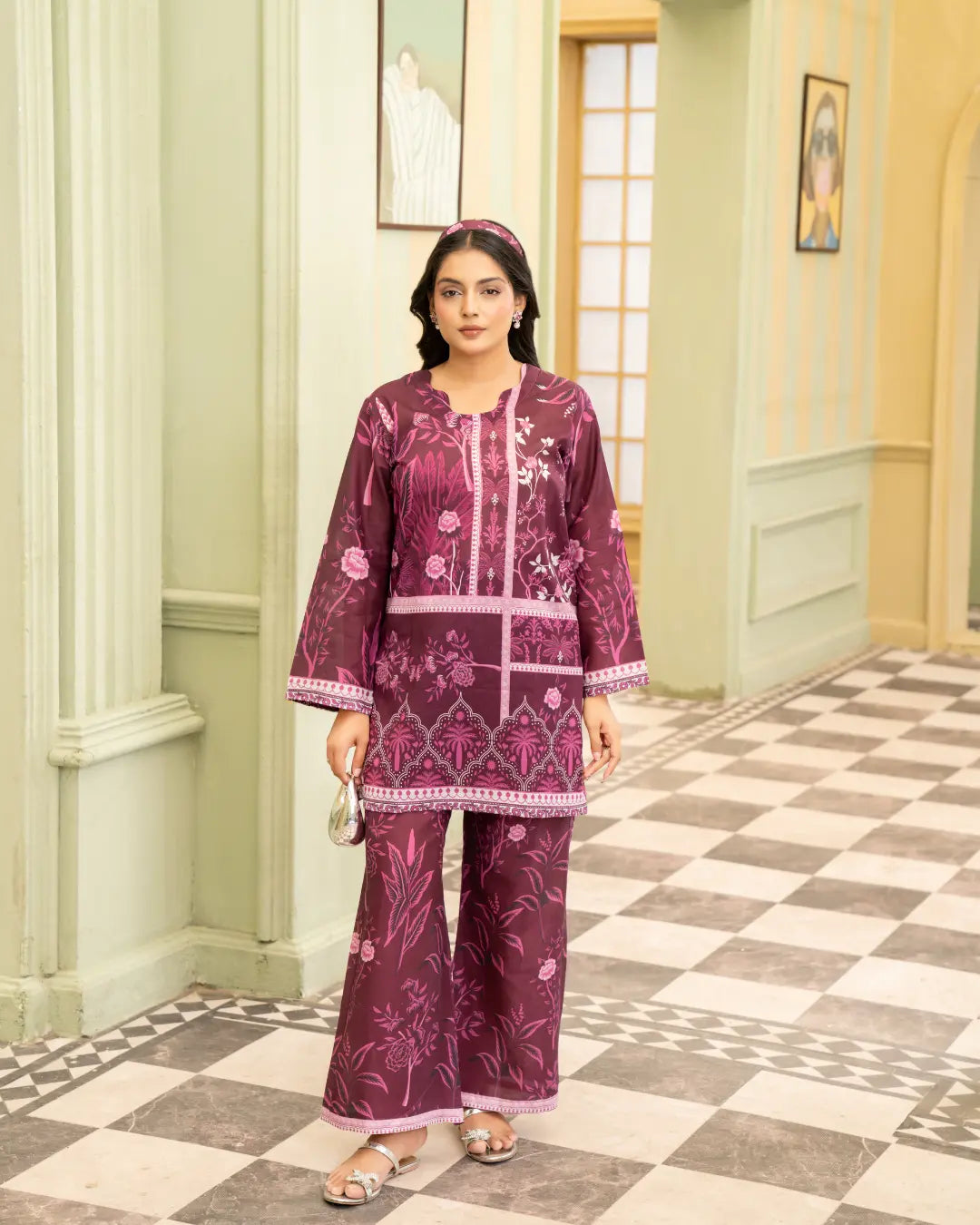 2 Piece - Gold Unstitched Plum Ladies Print Lawn Suit