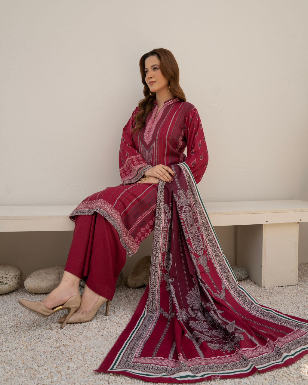 3 Pieces - Marooj Unstitched Maroon BanaDora Linen Suit