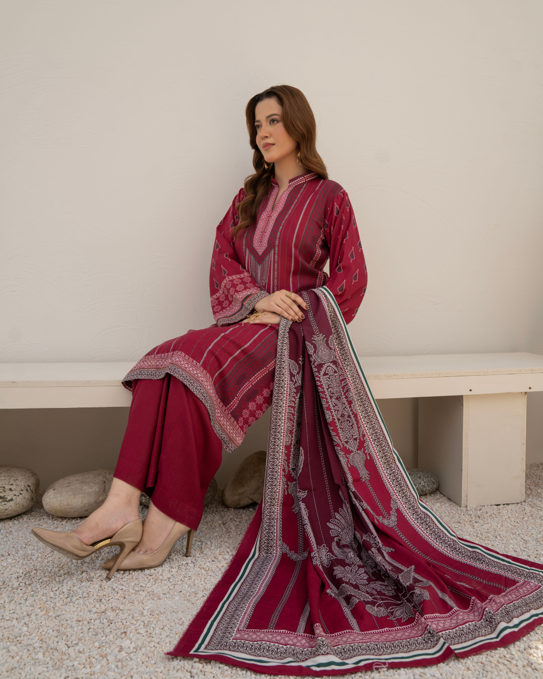 3 Pieces - Marooj Unstitched Maroon BanaDora Linen Suit