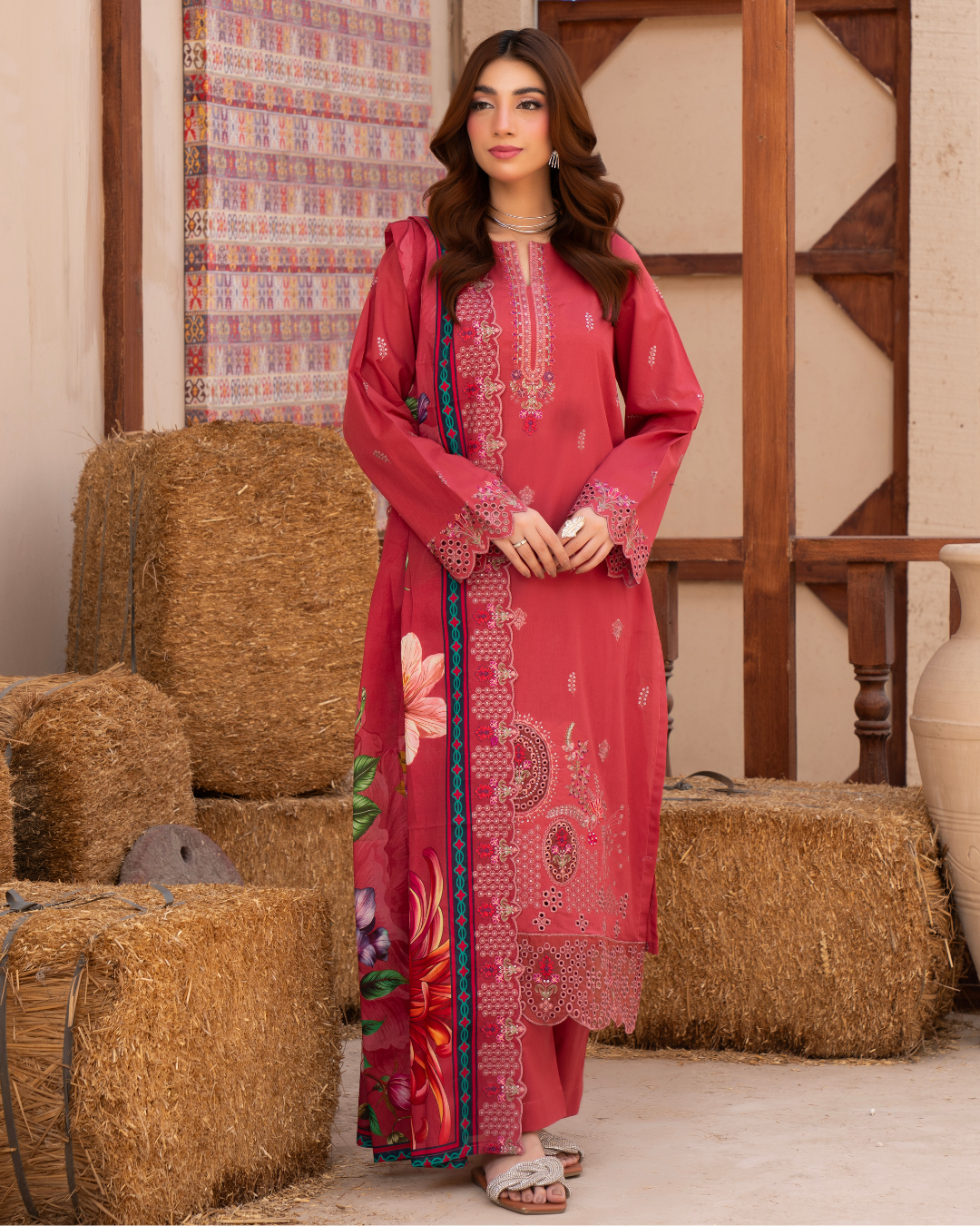 3 Piece - Gold Unstitched Maroon Embroidered Lawn Suit