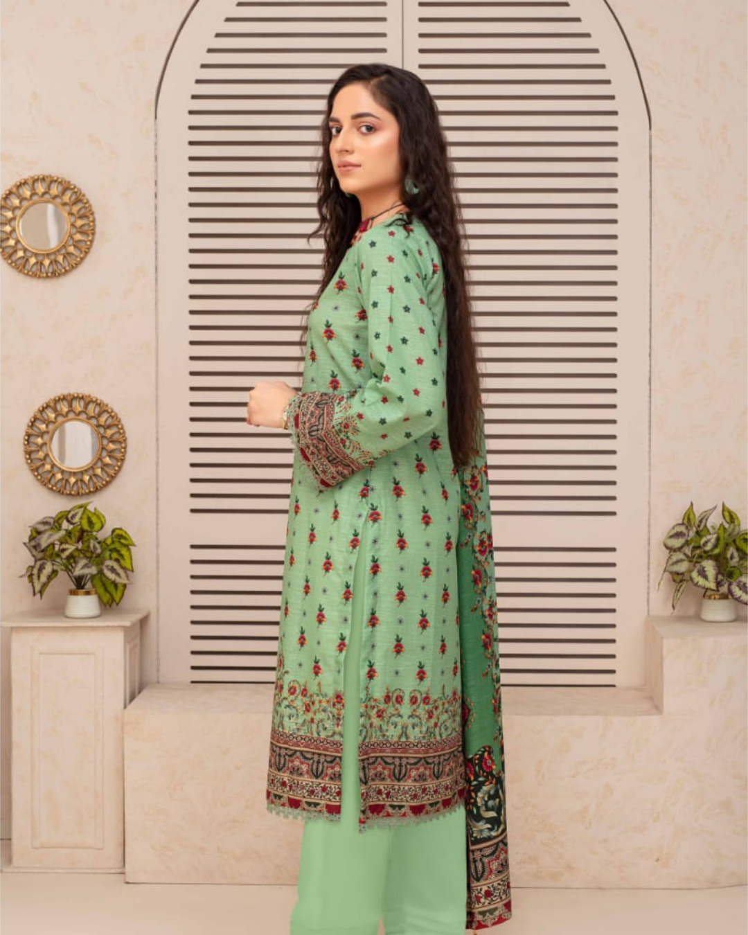 3 Pieces - Arzu Unstitched Pista Print Khaddar Suit