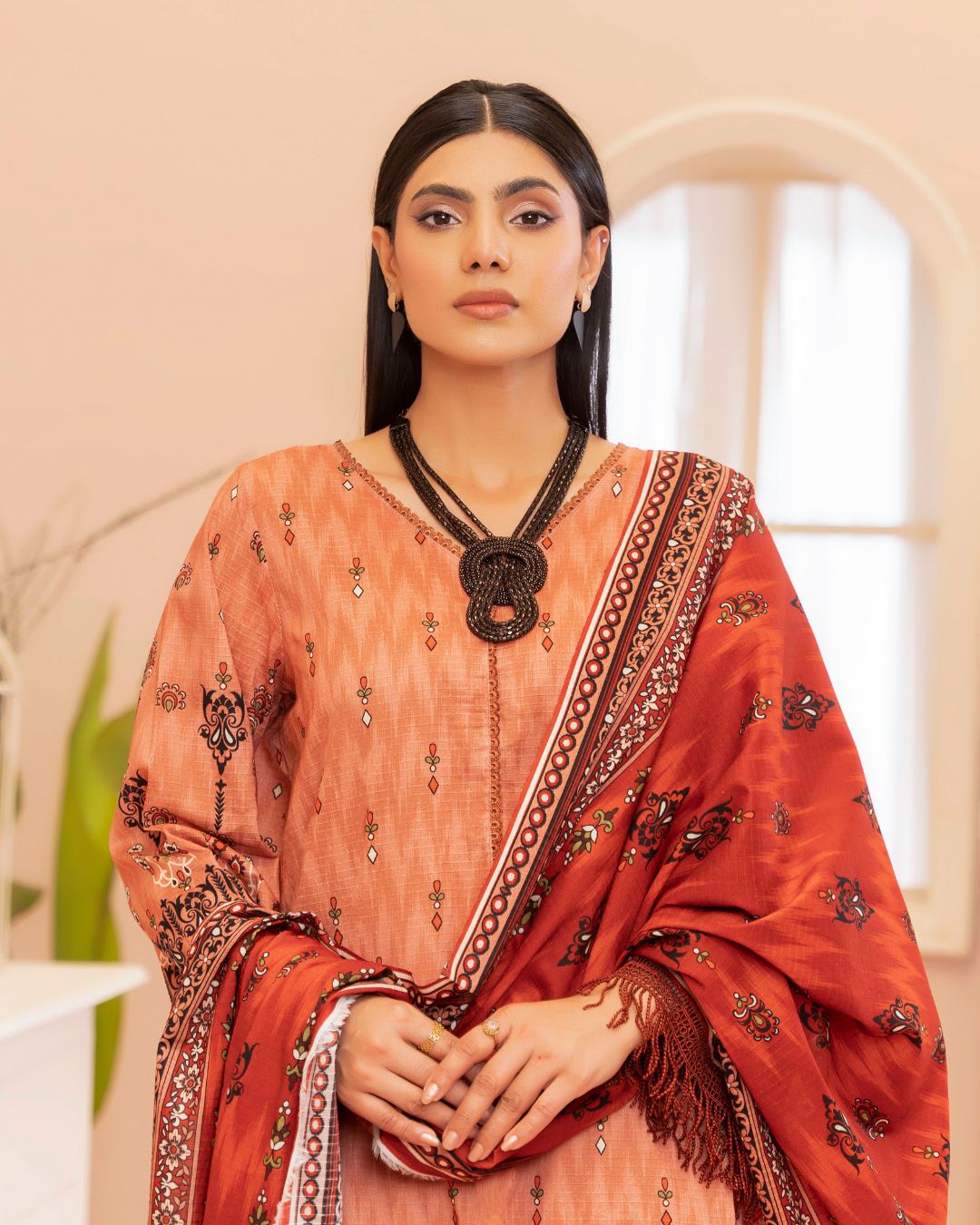 3 Piece - Junoon Unstitched Light Peach Ladies Print Lawn Suit