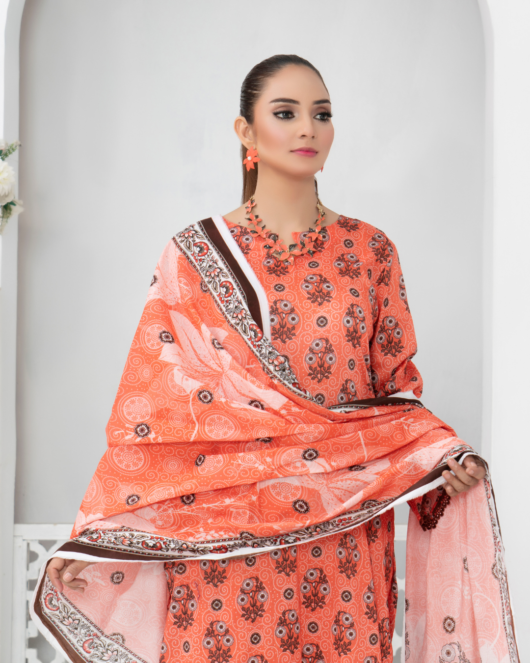 3 Piece - Mahi Unstitched Orange Ladies Print Lawn Suit