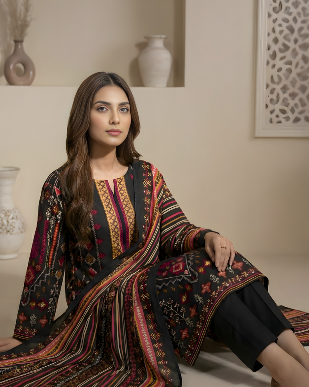 3 Pieces - Marooj Unstitched Jet Black Transliminor Magic Print Lawn Suit