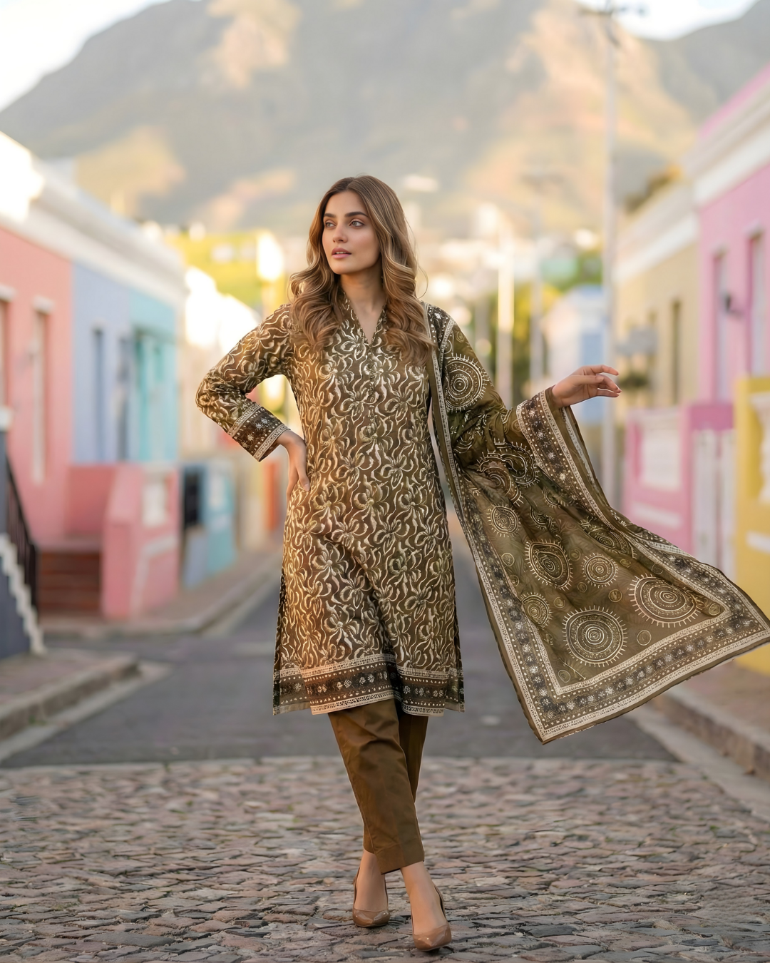 3 Pieces - Sohni Dharti Unstitched Mehandi Transliminar Magic Print Lawn Suit