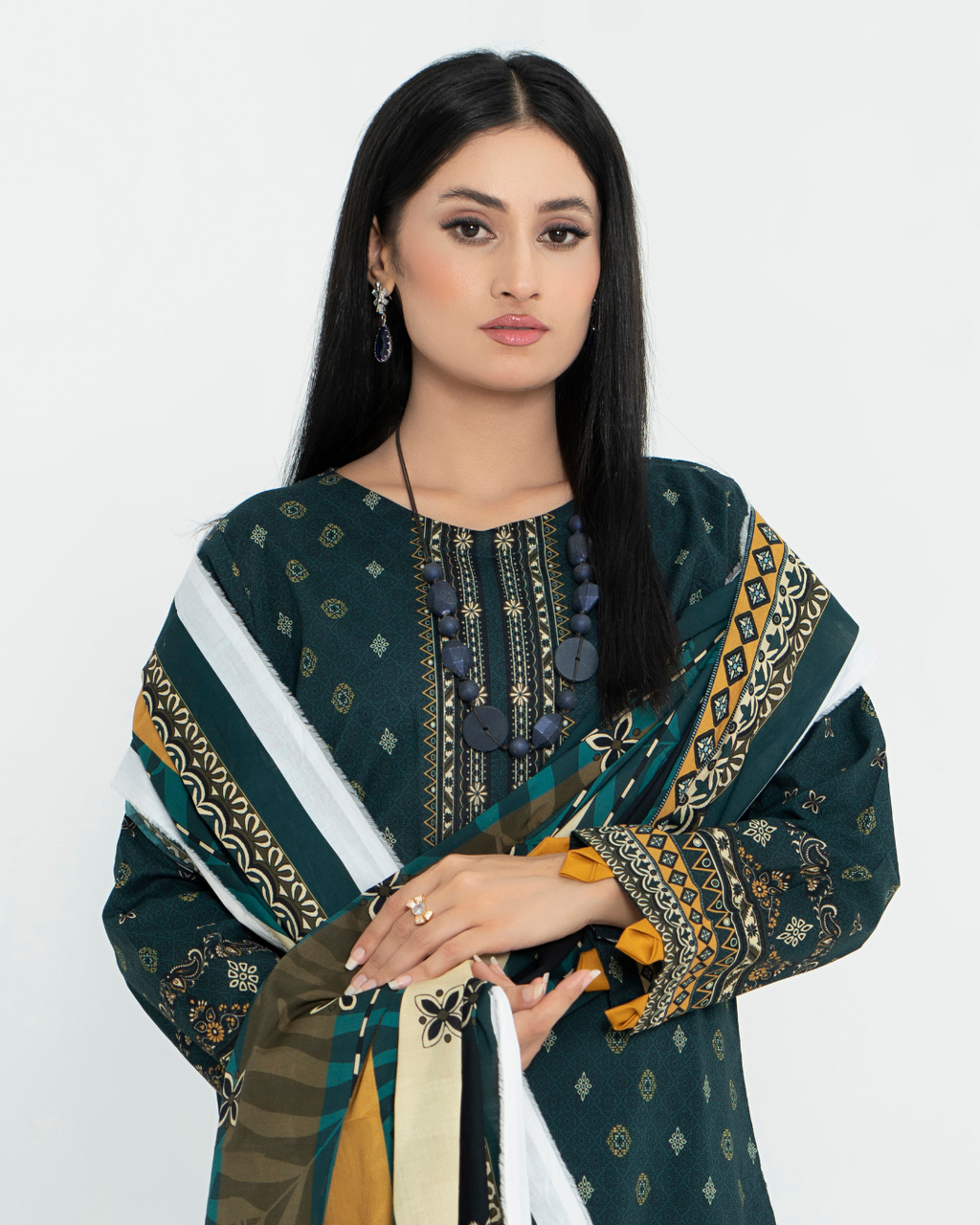 3 Piece - Junoon Unstitched Olive Ladies Transliminor Magic Print Lawn Suit