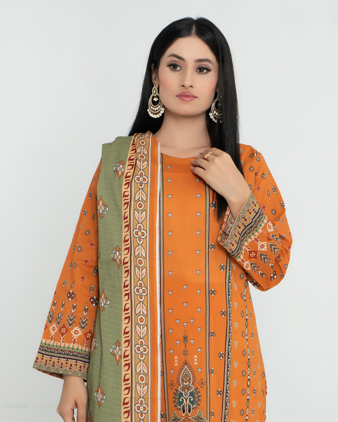 3 Piece - Junoon Unstitched Orange Ladies Transliminor Magic Print Lawn Suit