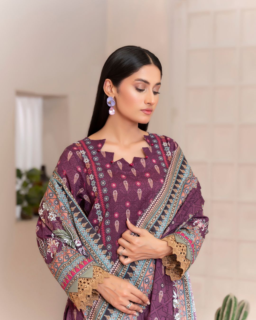 3 Piece - Junoon Unstitched Purple Ladies Banadora Print Lawn Suit