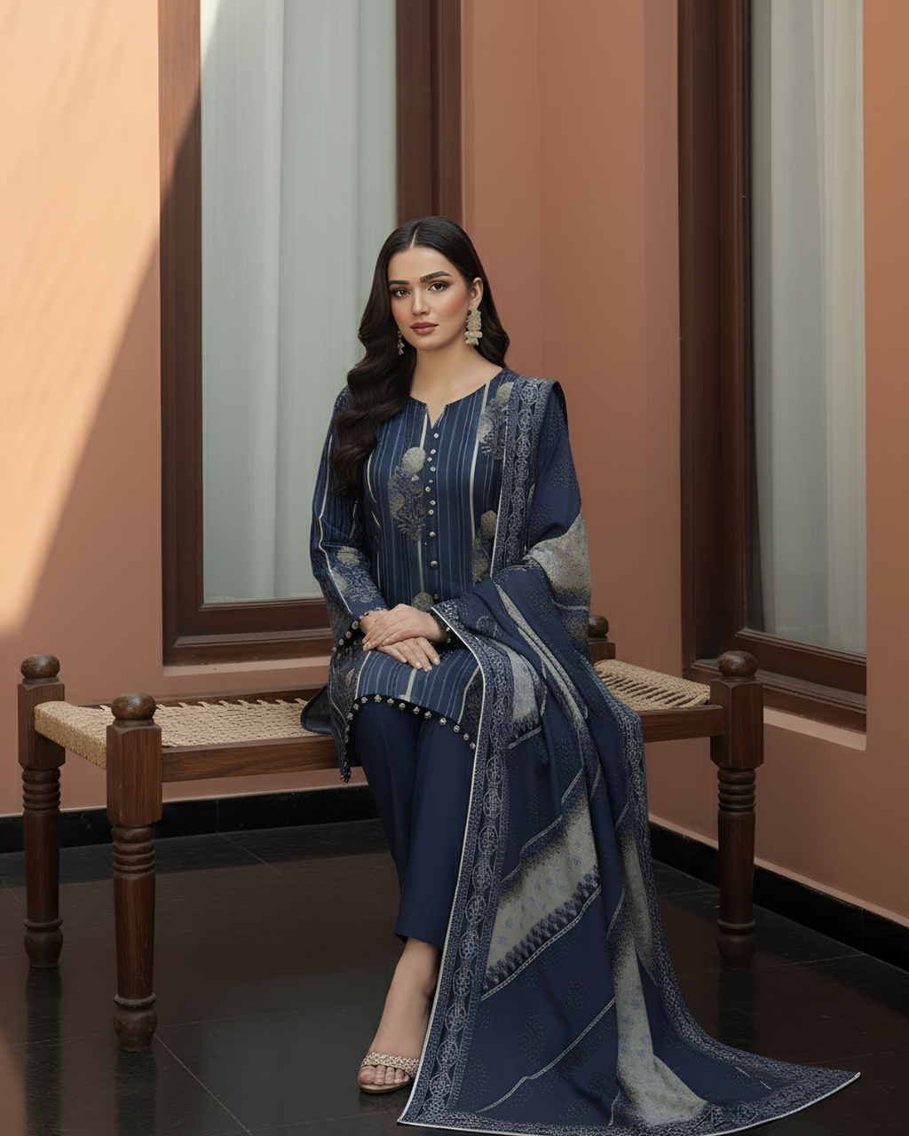 3 Pieces - Marooj Unstitched Dark Blue Printed Khaddar Suit