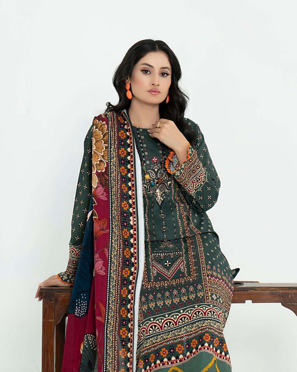 3 Piece - Junoon Unstitched Olive Ladies Transliminor Magic Print Lawn Suit