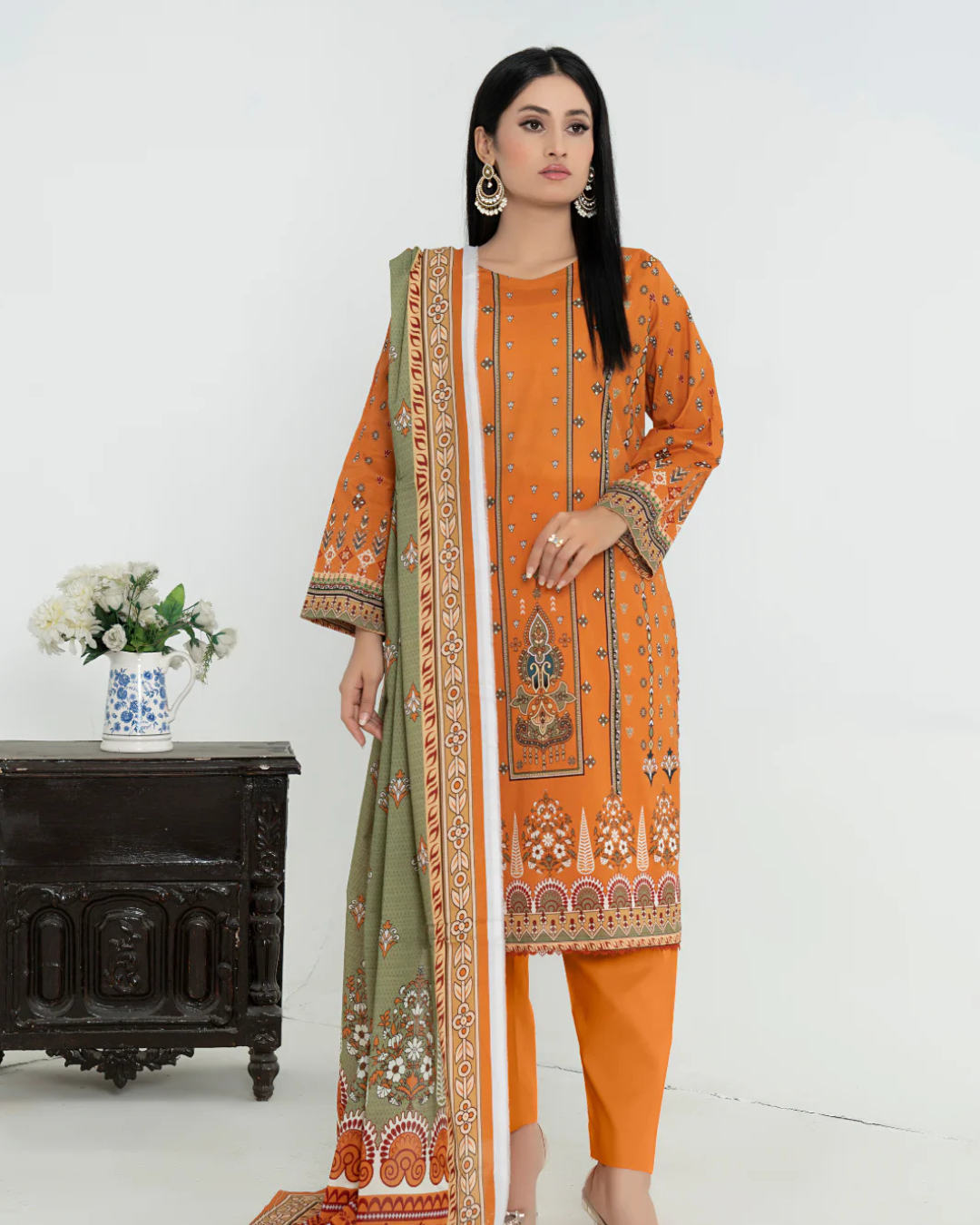 3 Piece - Junoon Unstitched Orange Ladies Transliminor Magic Print Lawn Suit