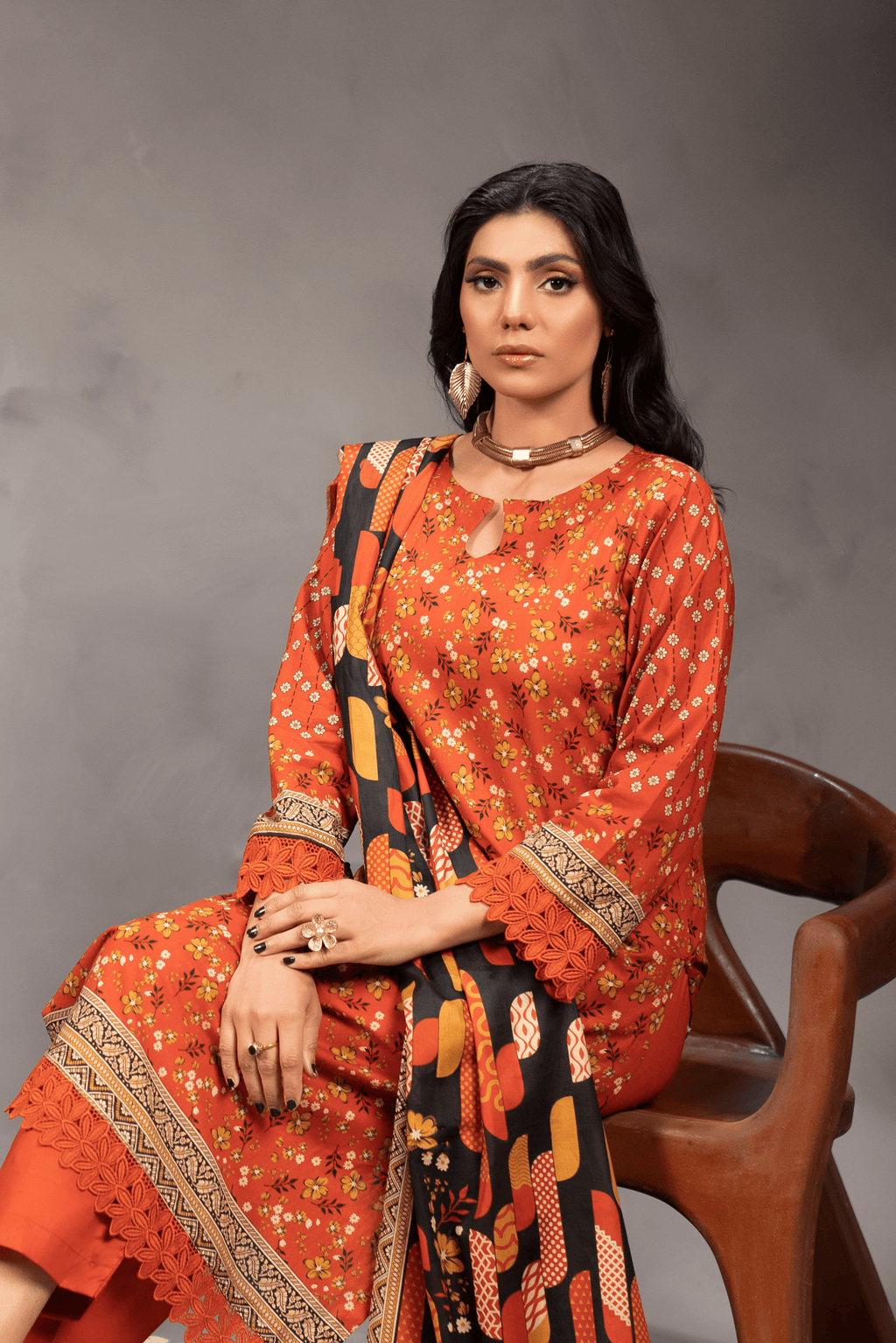 3 Piece - Mahi Unstitched Orange Ladies Transliminor Magic Print Lawn Suit