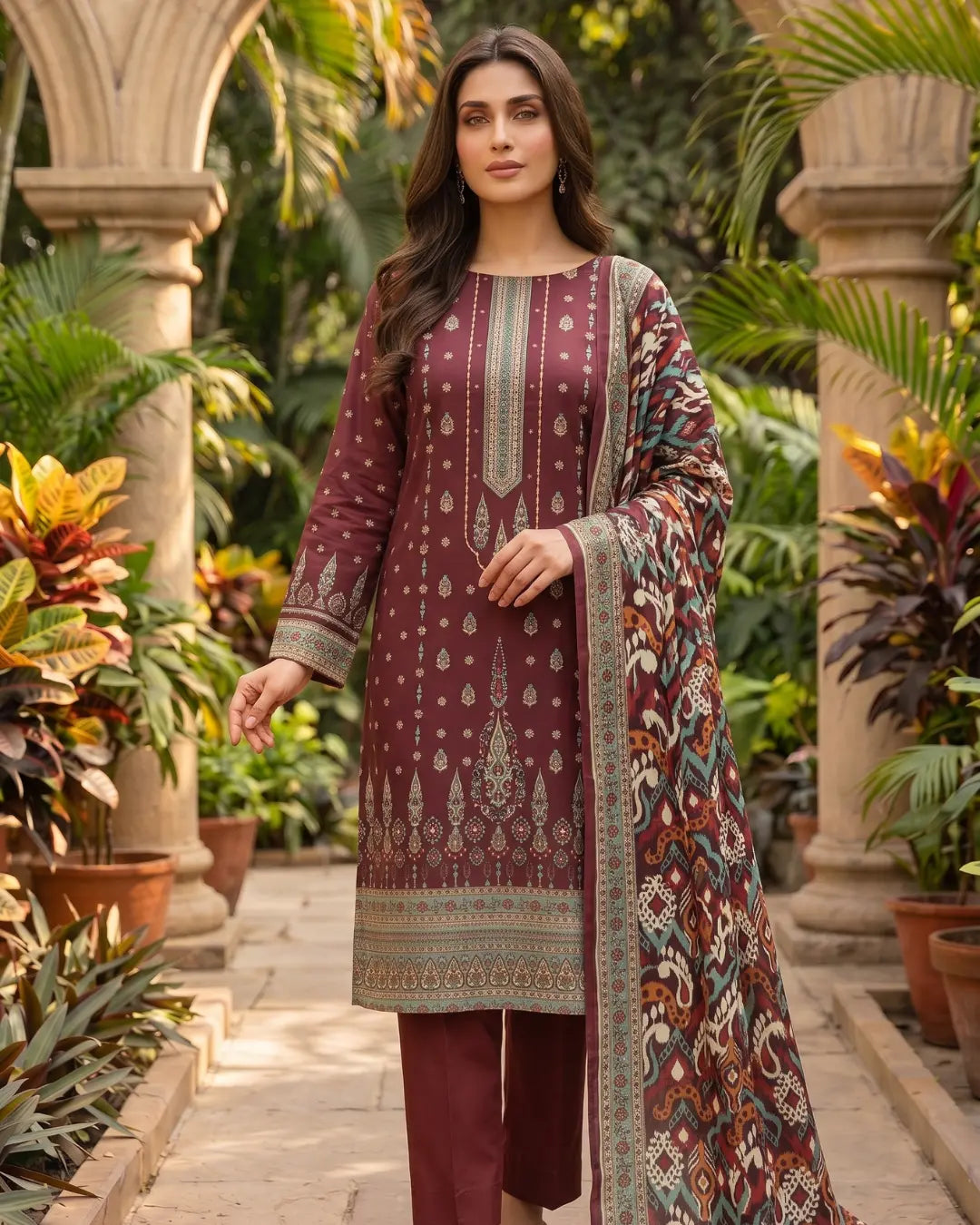 3 Pieces - Sohni Dharti Unstitched Maroon Colour Premium Print Lawn Suit