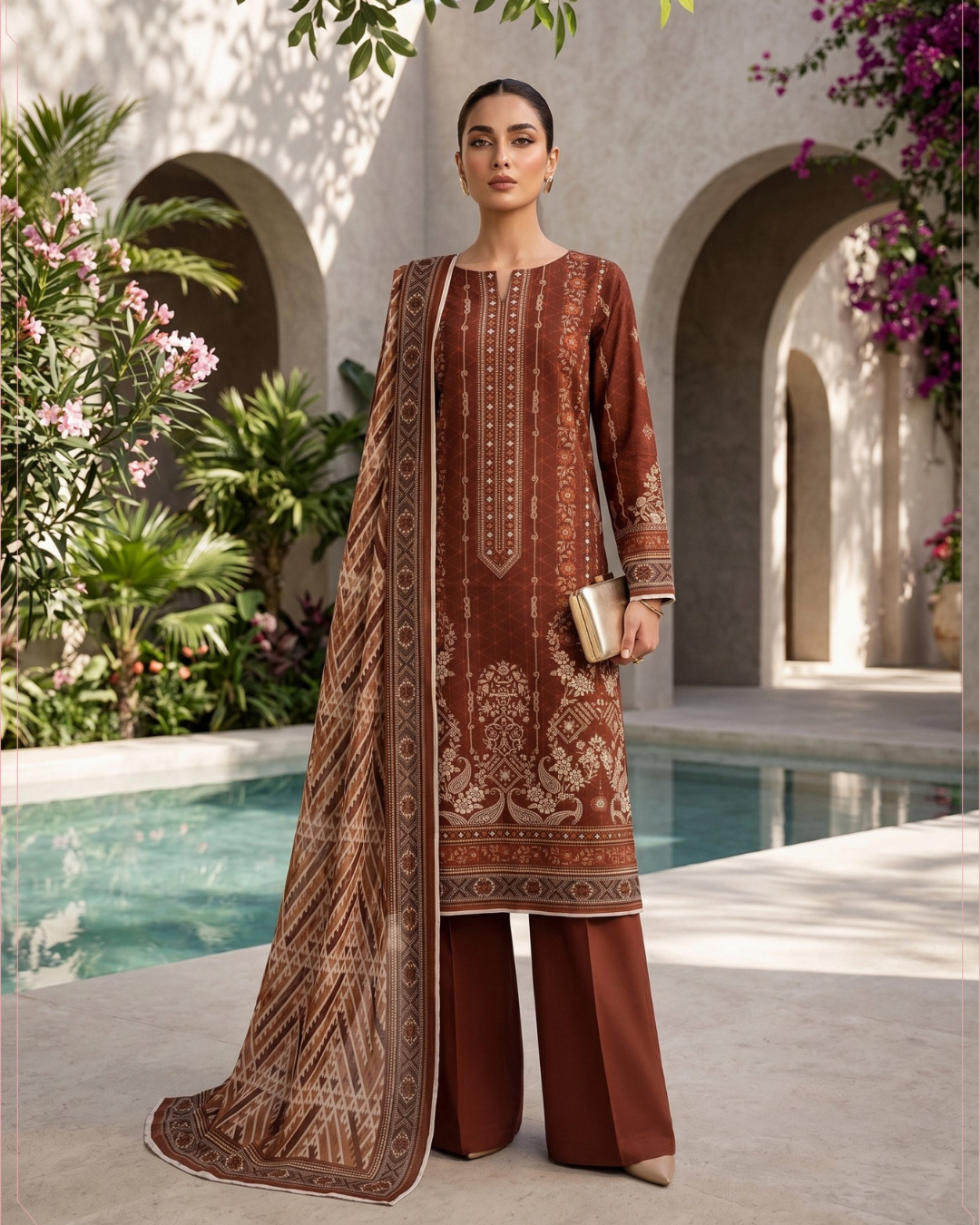 3 Pieces - Sohni Dharti Unstitched Brown Premium Print Lawn Suit