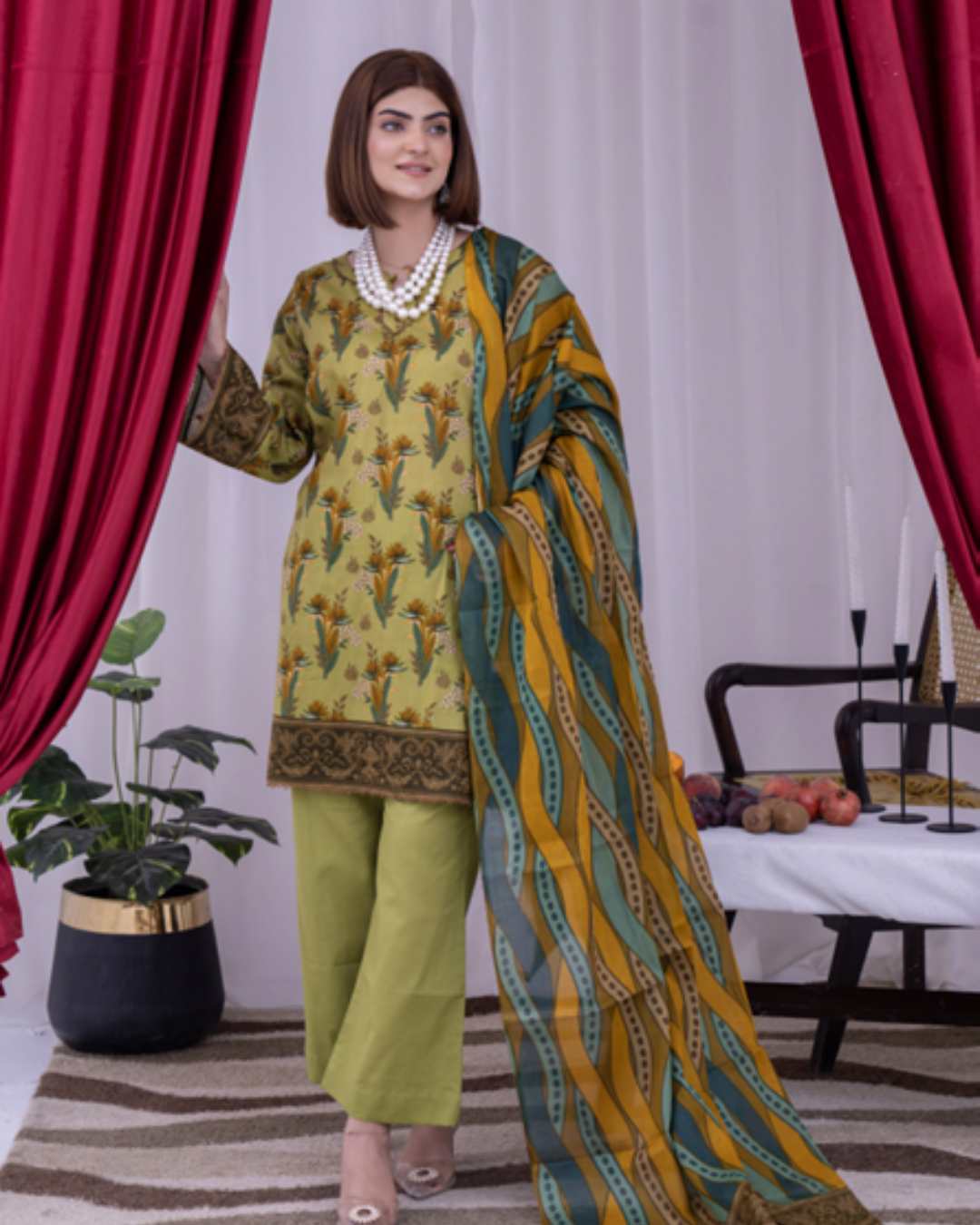 3 Piece - Arfa Unstitched Peach Yellow Ladies Transliminor Magic Print Lawn Suit