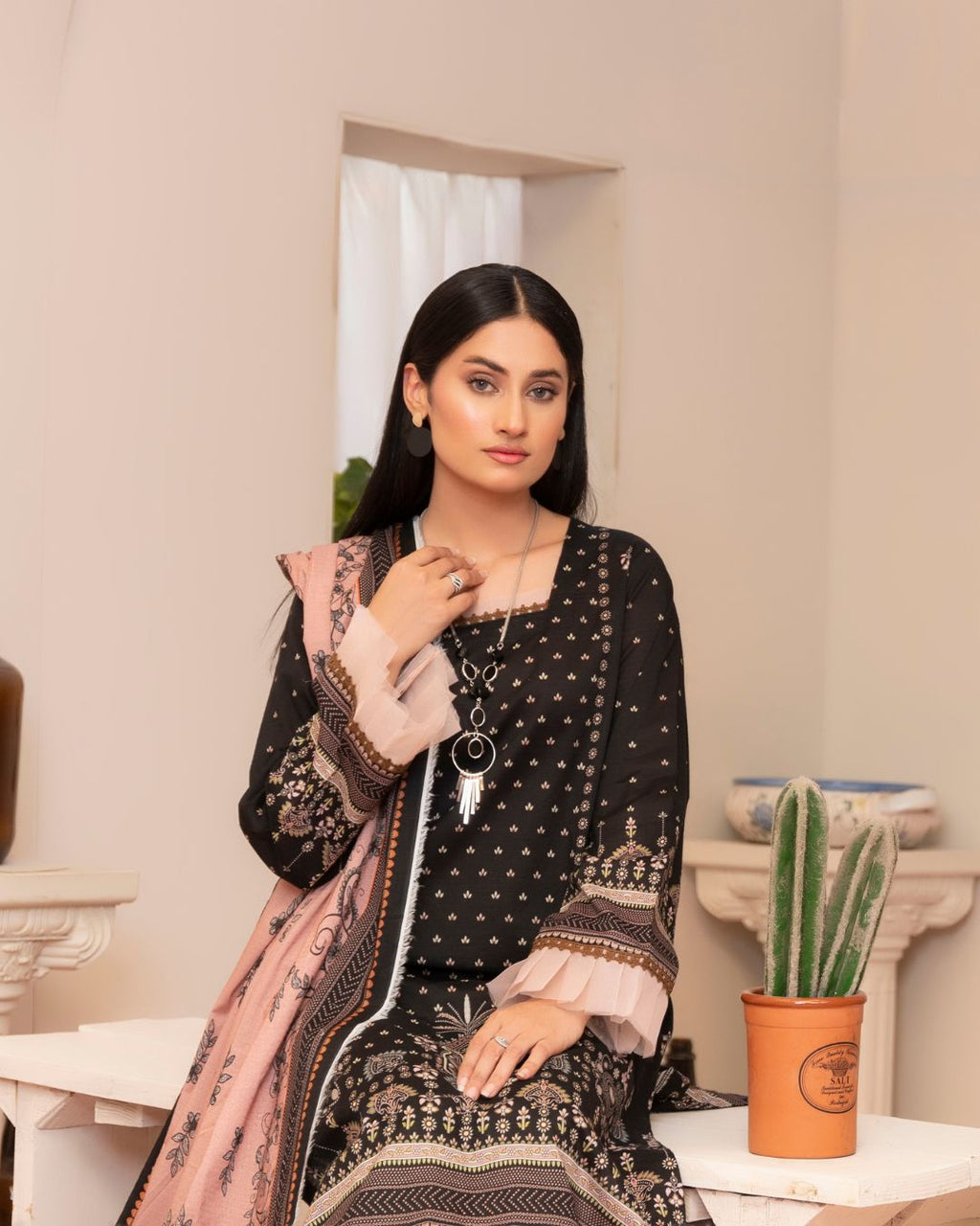 3 Piece - Junoon Unstitched Black Ladies Print Lawn Suit
