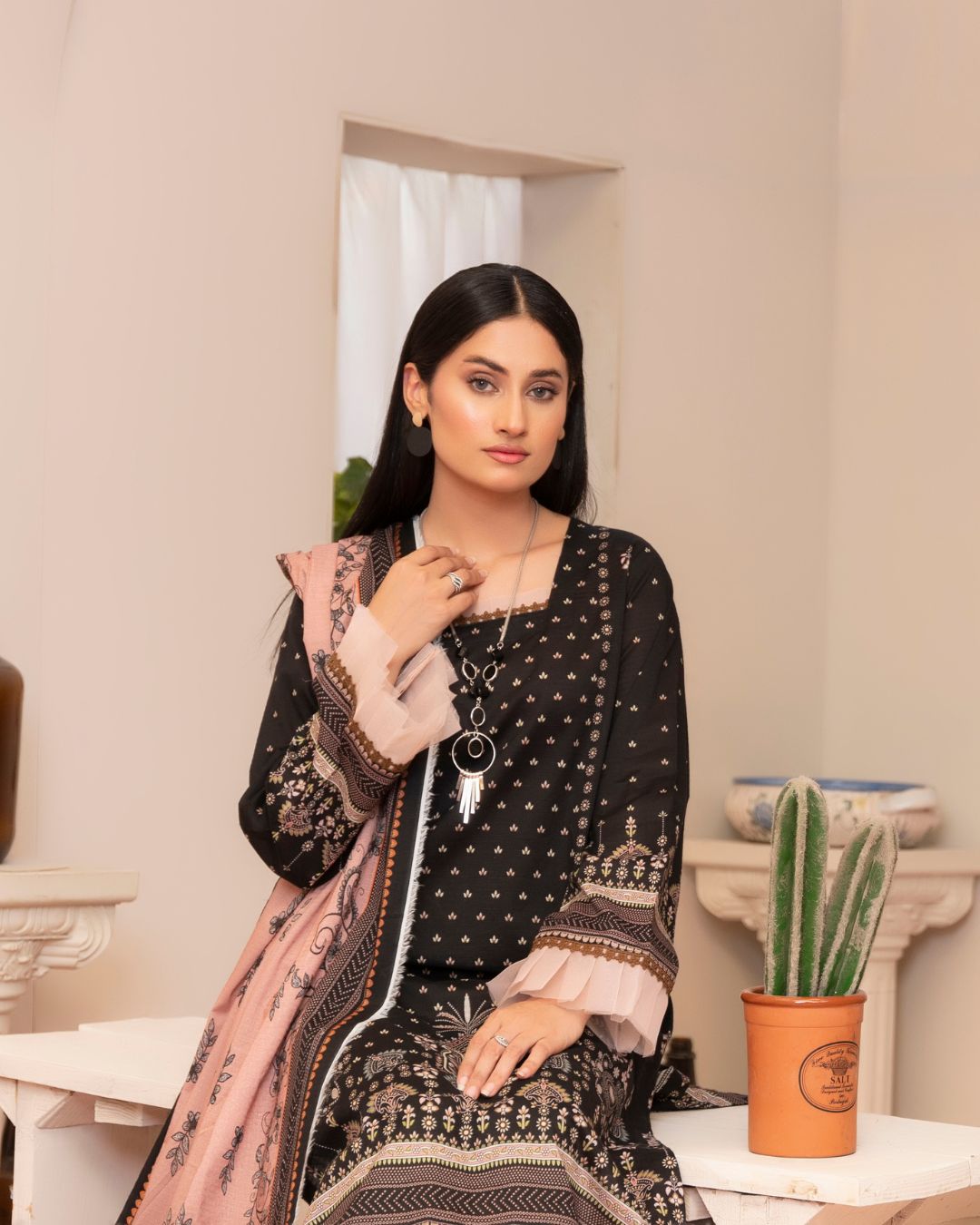 3 Piece - Junoon Unstitched Black Ladies Print Lawn Suit