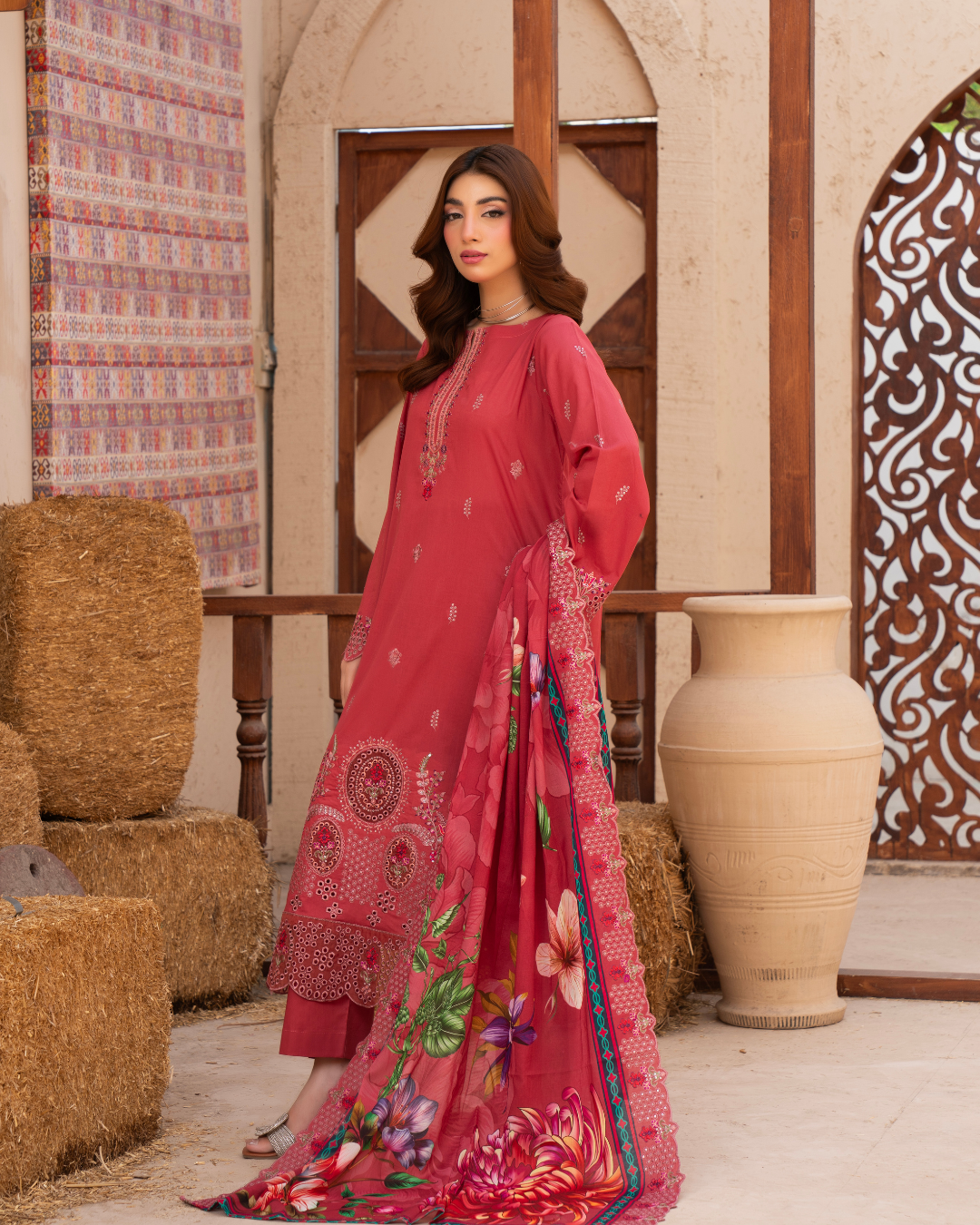3 Piece - Gold Unstitched Maroon Embroidered Lawn Suit