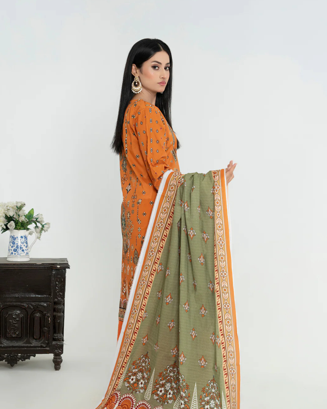 3 Piece - Junoon Unstitched Orange Ladies Transliminor Magic Print Lawn Suit