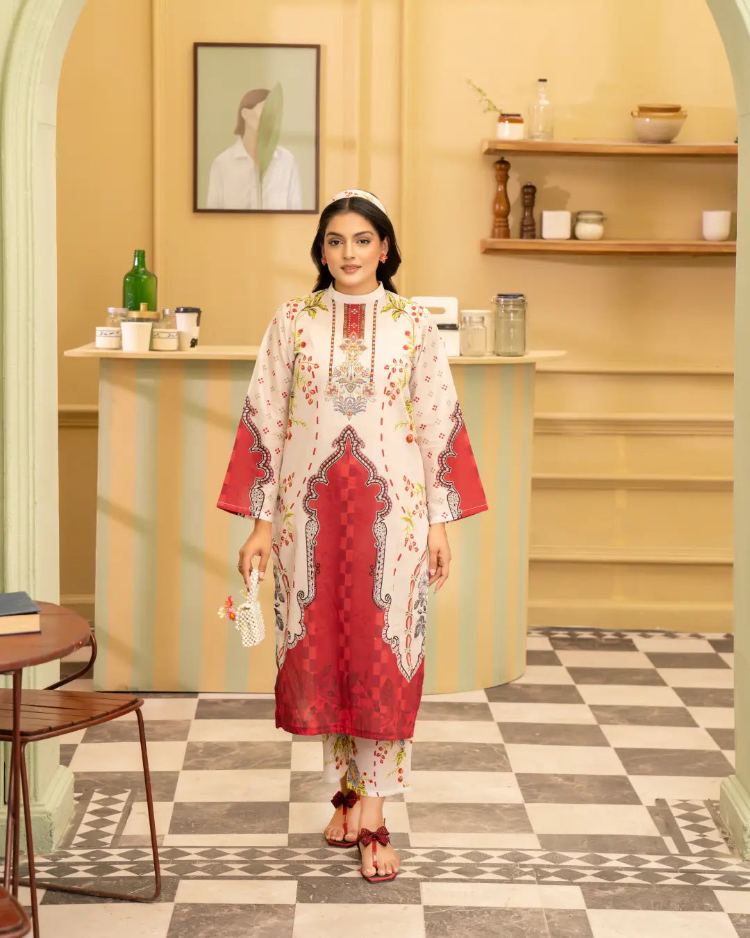 2 Piece - Gold Unstitched Red Ladies Print Lawn Suit