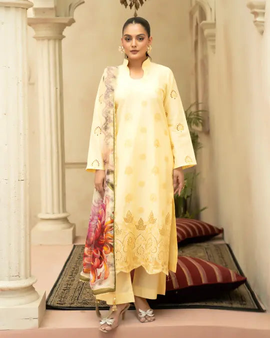 3 Piece - Gold Unstitched Cream Embroidered Lawn Suit
