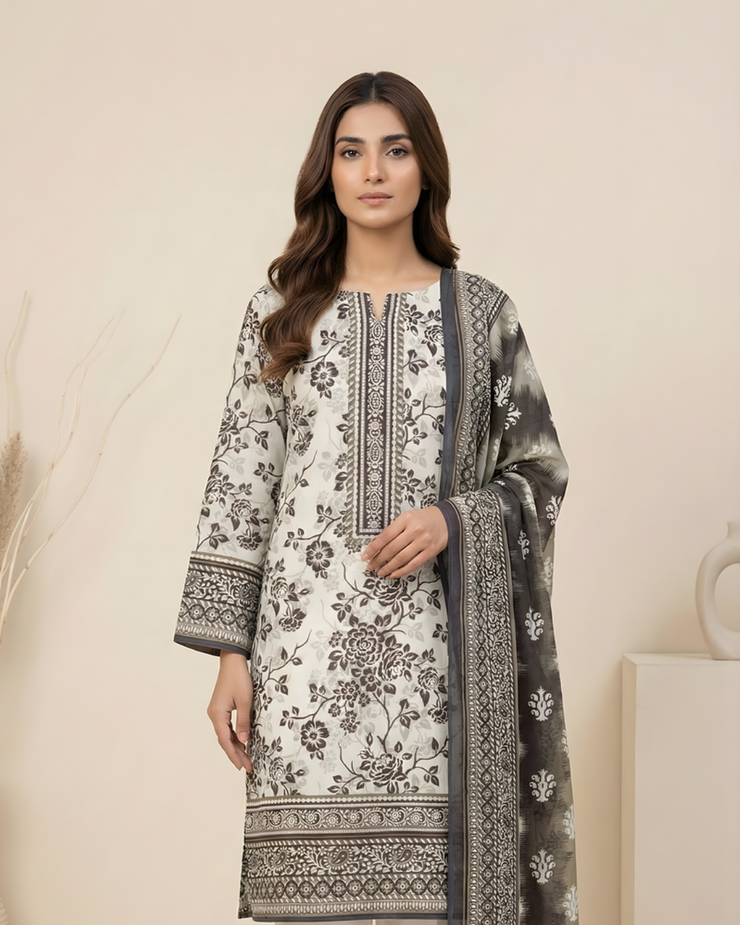 3 Pieces - Marooj Unstitched Off White Transliminor Magic Print Lawn Suit