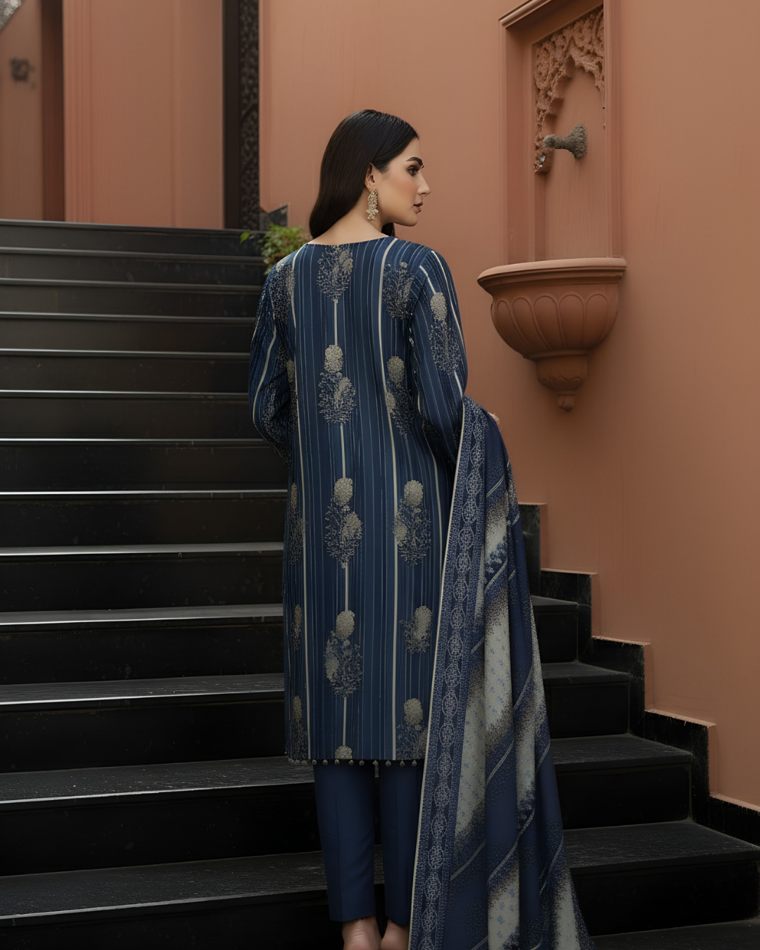 3 Pieces - Marooj Unstitched Dark Blue Printed Khaddar Suit