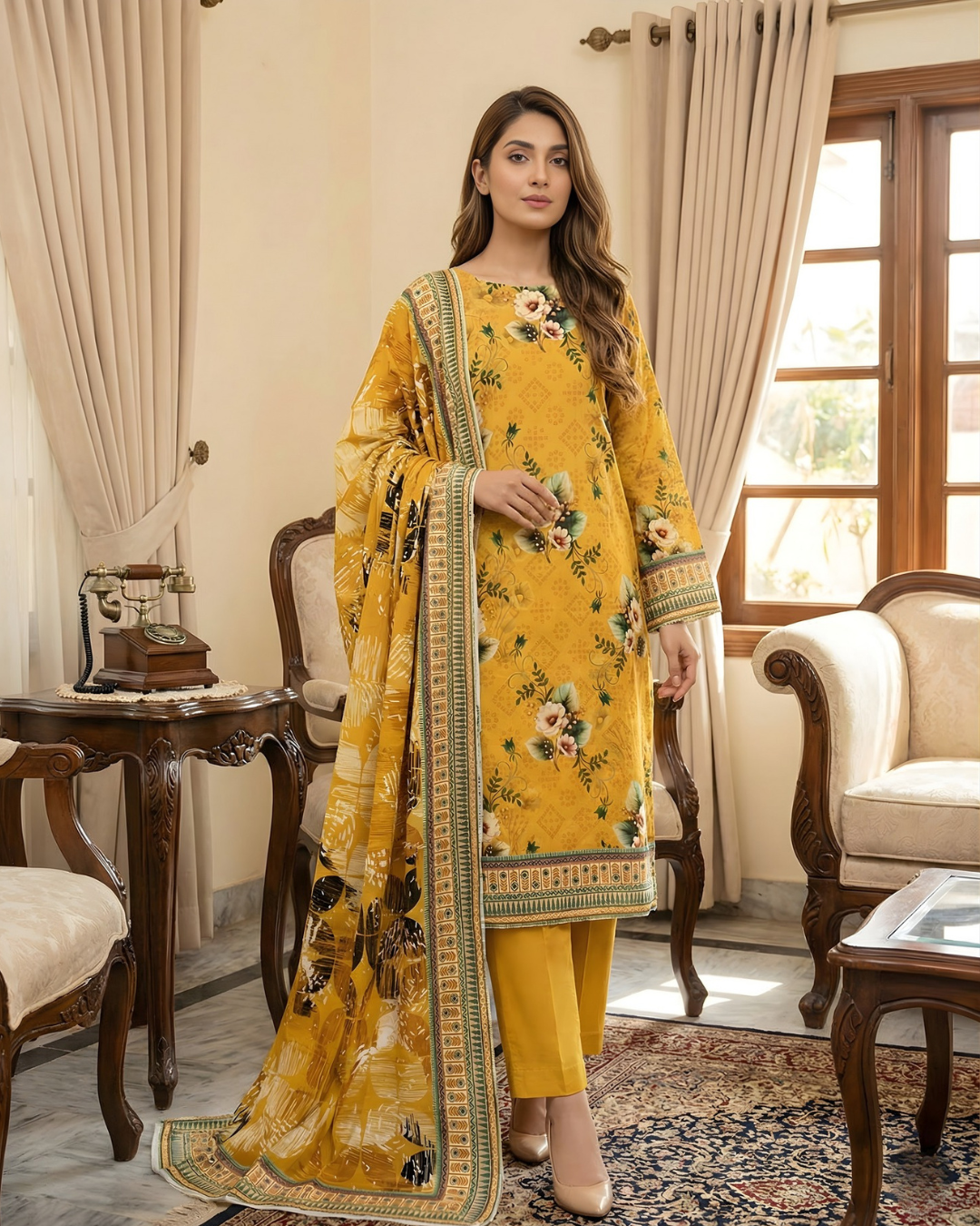3 Pieces - Arfa Unstitched Mustard Chamki Print Lawn Suit