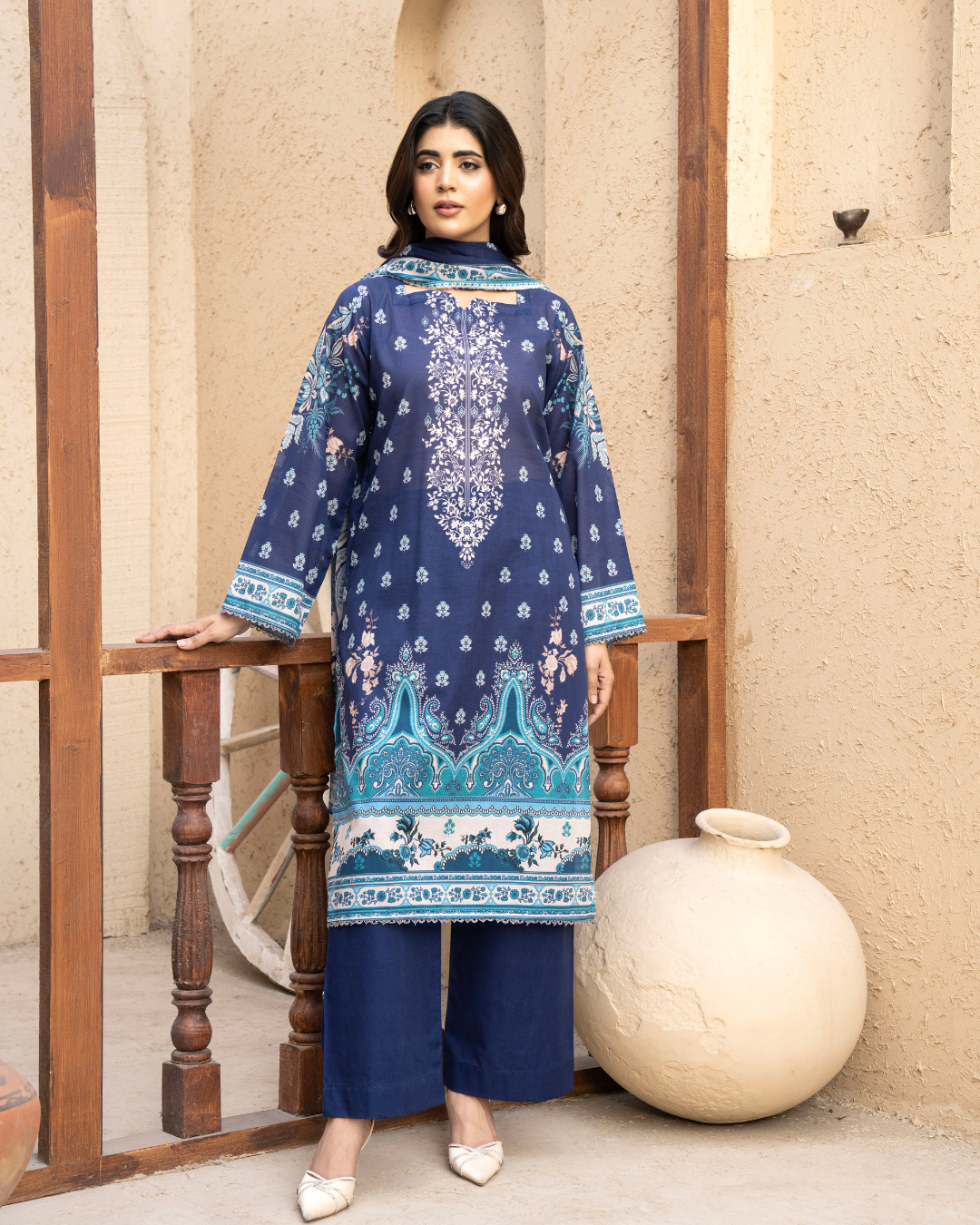 3 Piece - Gold Unstitched Blue Printed Lawn Suit
