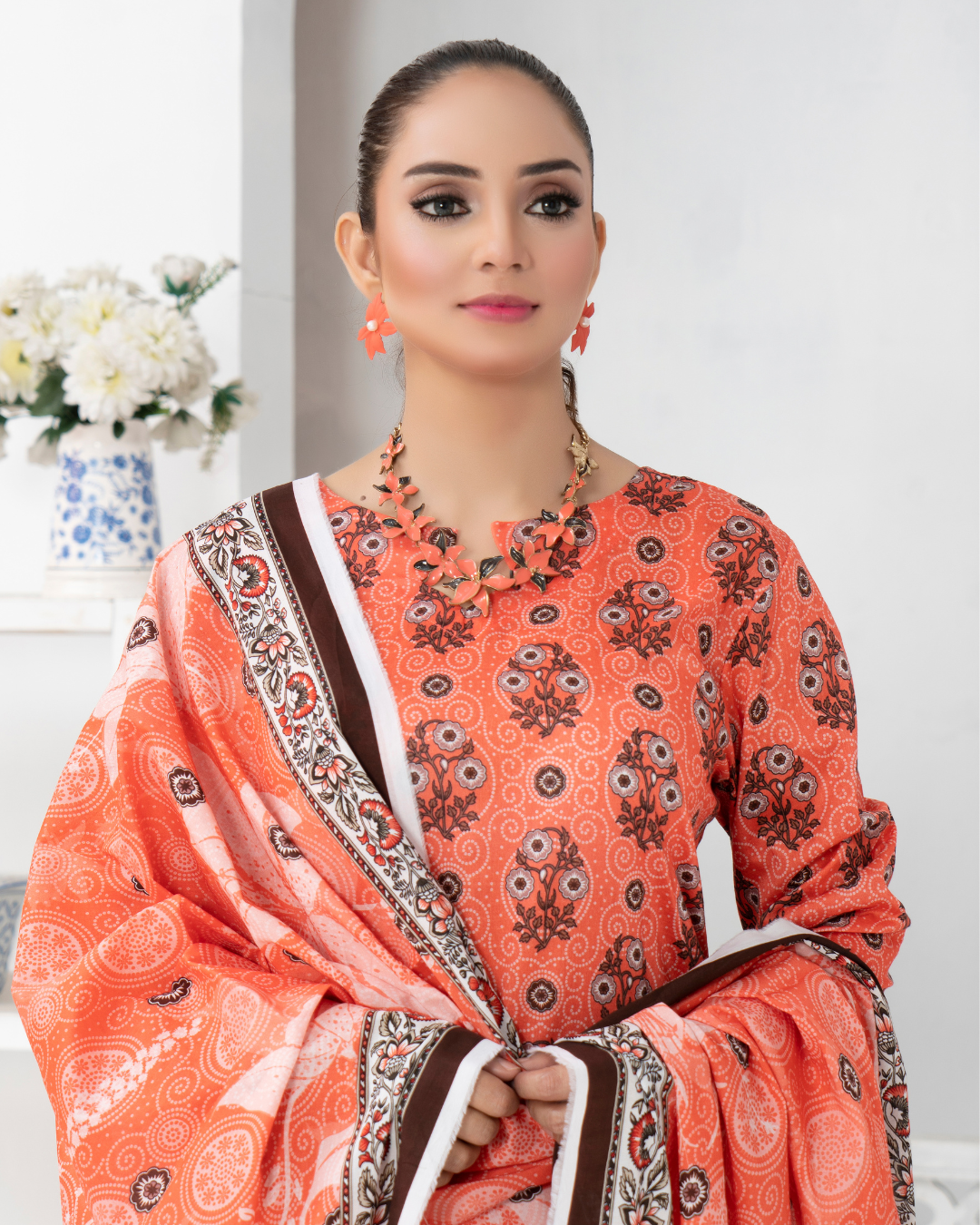 3 Piece - Mahi Unstitched Orange Ladies Print Lawn Suit