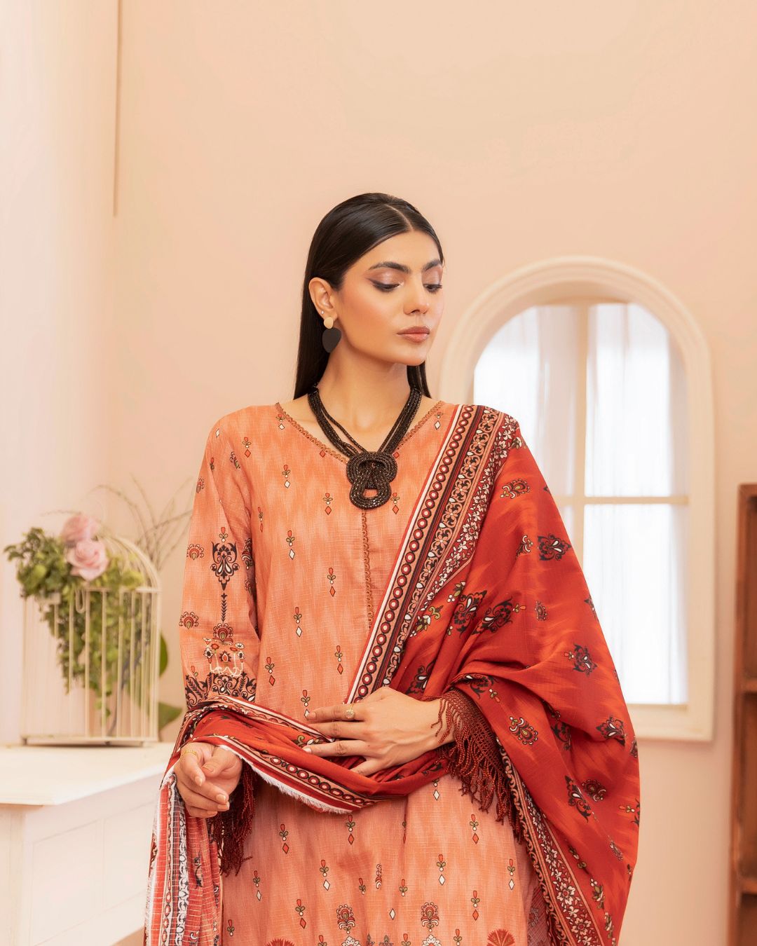 3 Piece - Junoon Unstitched Light Peach Ladies Print Lawn Suit