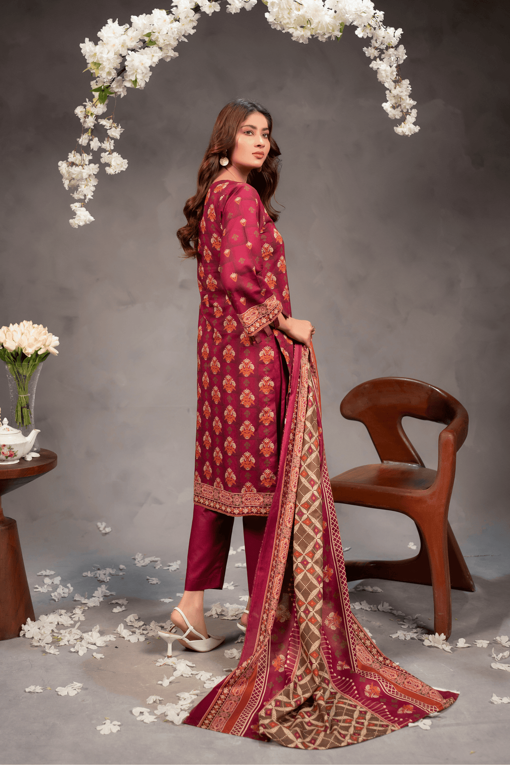 3 Piece - Mahi Unstitched Red Ladies Transliminor Magic Print Lawn Suit