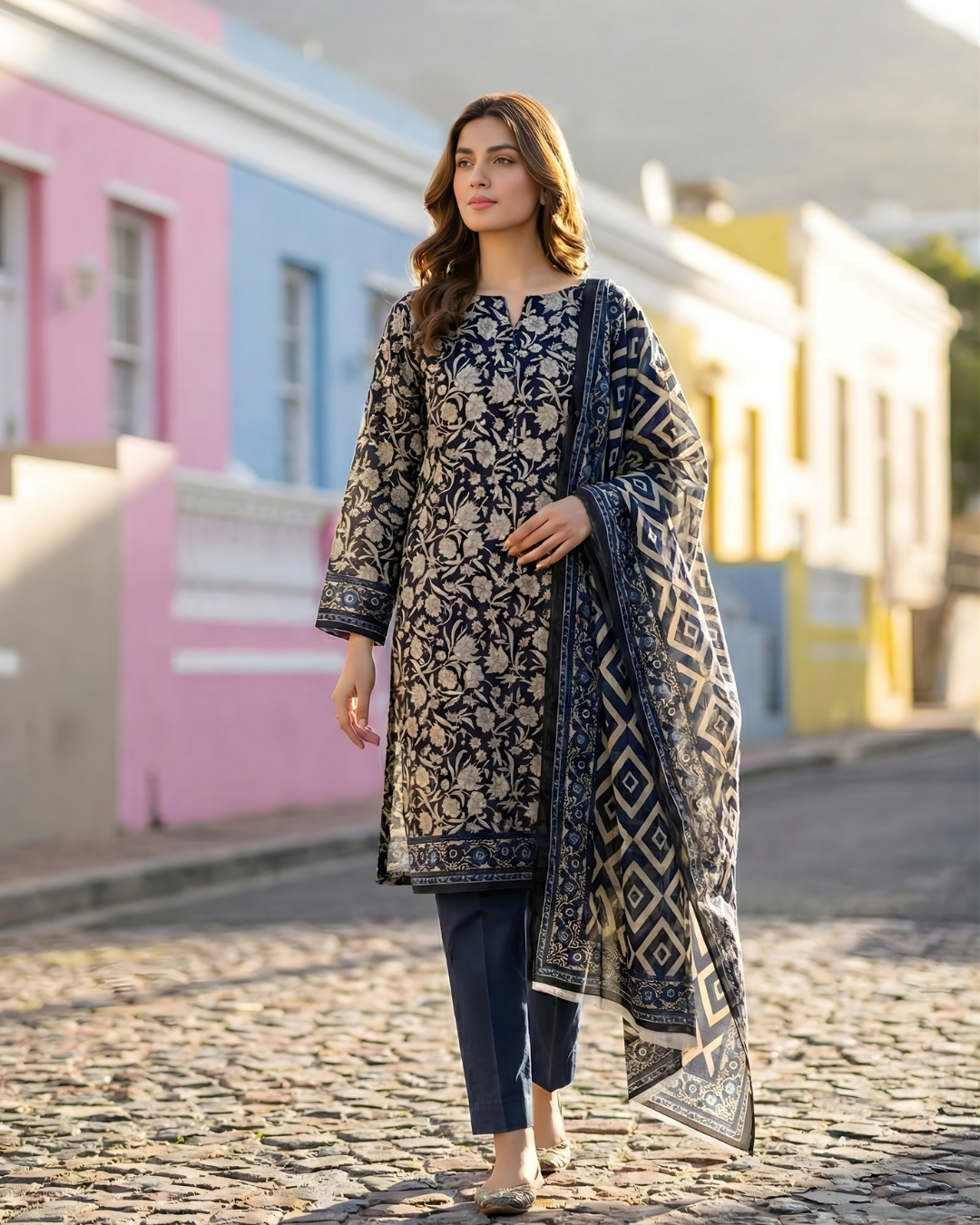 3 Pieces - Sohni Dharti Unstitched Navy Blue Transliminar Magic Print Lawn Suit