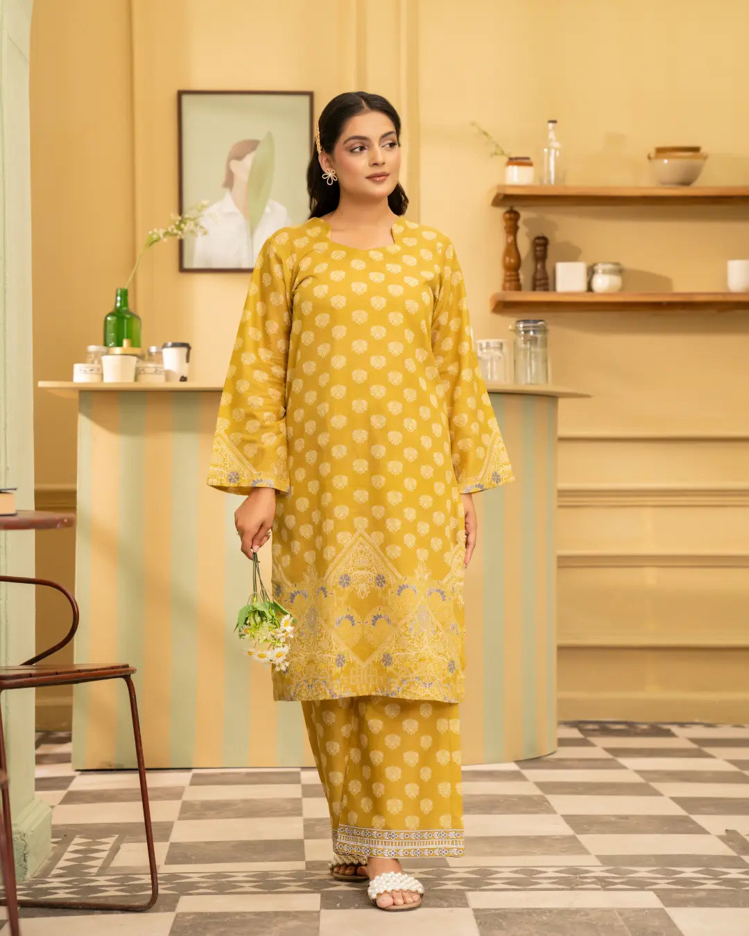 2 Piece - Gold Unstitched Yellow Ladies Print Lawn Suit